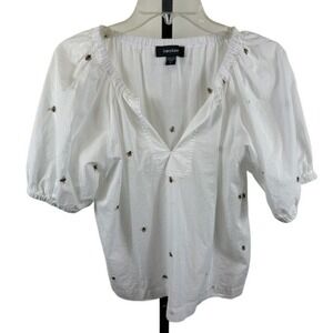 Karen Kane Women's Size Small White Bee Embroidered Blouse Puff Sleeve Top